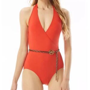 NWT Michael Kors Wrap Front Halter‎ One-piece Swimsuit | Ruby Red Size 8 No Belt
